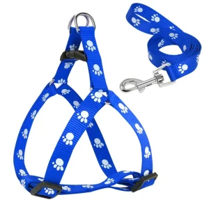 Nylon Dog Harness-Leash Set Adjustable Paw Print